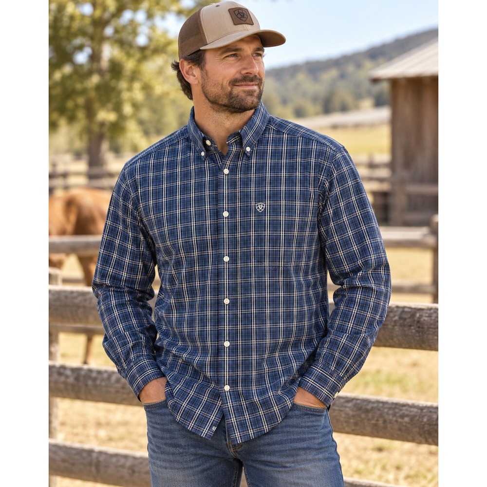 Ariat Pro Series Shirt Mens L Blue Plaid Long Sleeve Button Down Western Cowboy